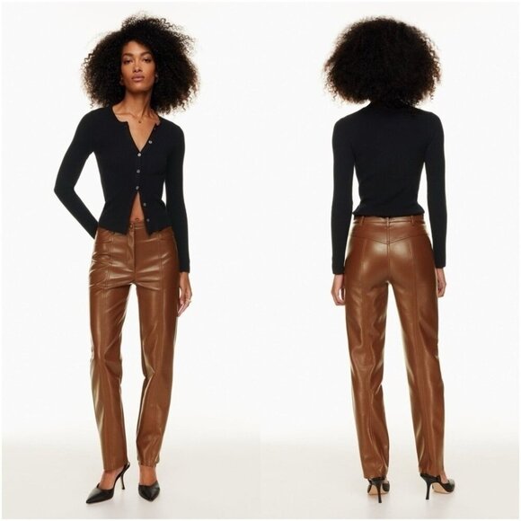 Aritzia Wilfred Rebel Vegan Leather Pants High Waisted Straight Leg Brown - 8 - Picture 9 of 9